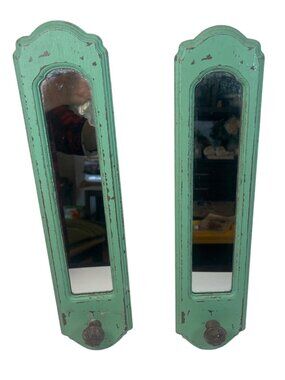 Pair of Vintage Green Wall Mirrors with Distressed Finish & Decorative Knob Hook